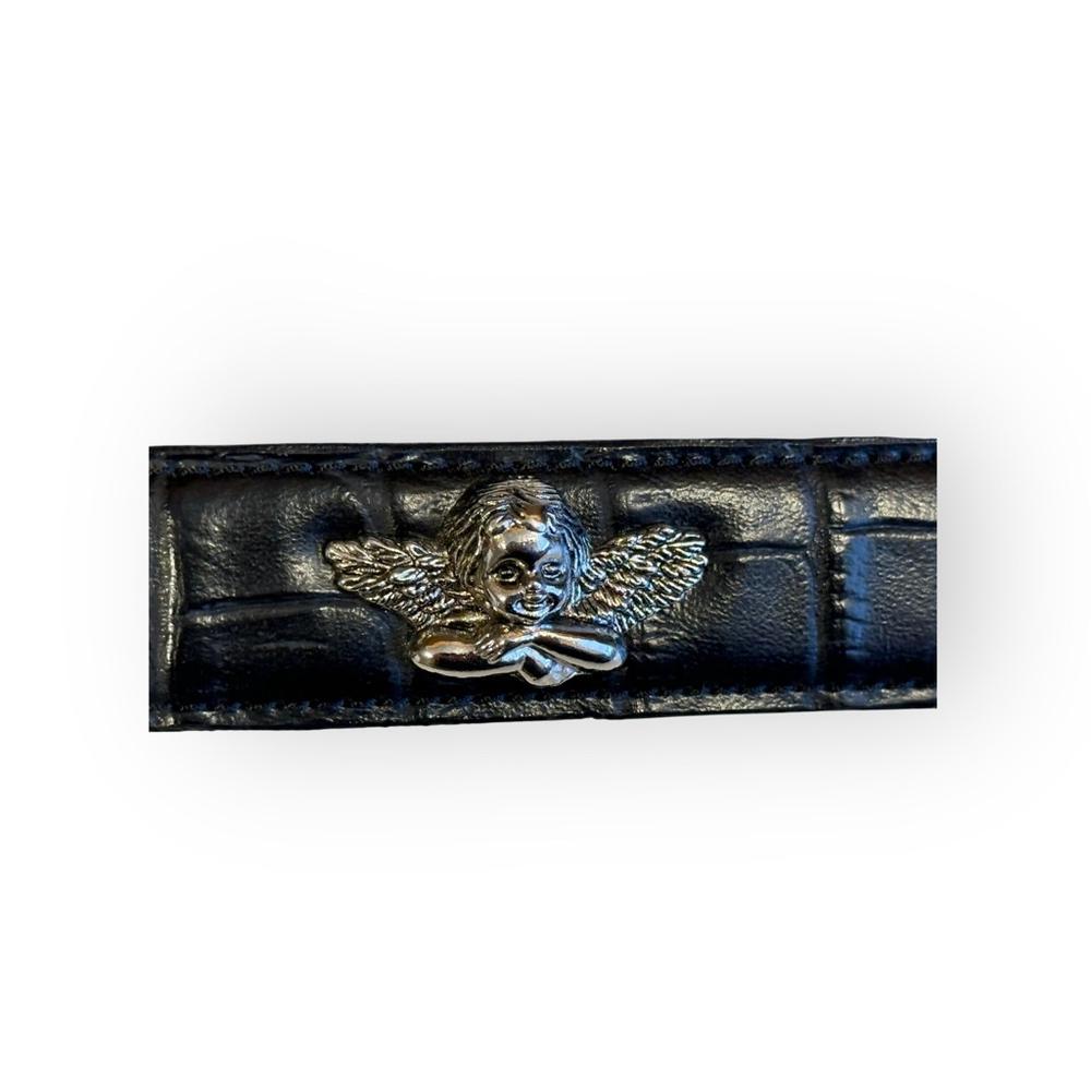Black Faux Leather Angel Belt Silver Buckle Croc Embossed 1” Wide 39” Length - Picture 4 of 8
